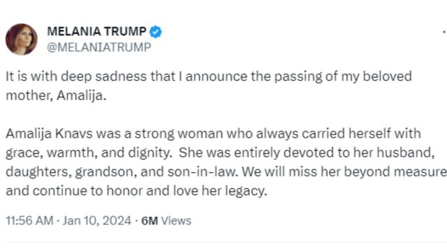 Melania Trump's mother Amalija Knavs dies aged 78