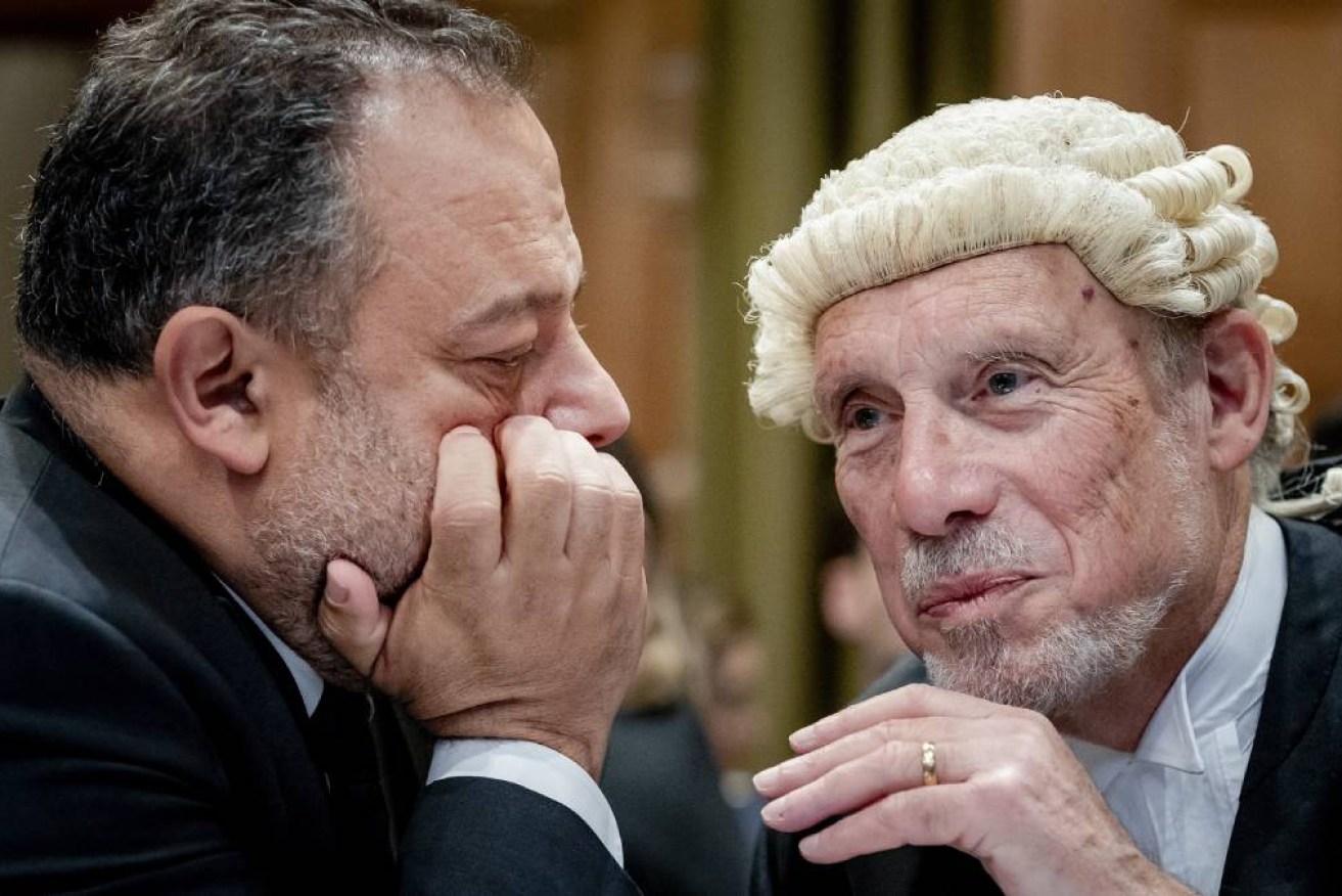 Tal Becker, Legal Counselor of Israel's Foreign Ministry, and lawyer Malcolm Shaw at the International Court of Justice (ICJ) prior to the hearing.
