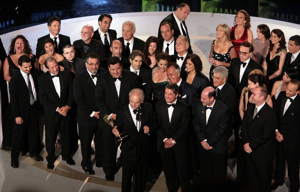 The cast and crew of The Sopranos accept their Outstanding Drama Series award onstage during the 59th Annual Primetime Emmy Awards at the Shrine Auditorium on September 16, 2007 in Los Angeles, California.