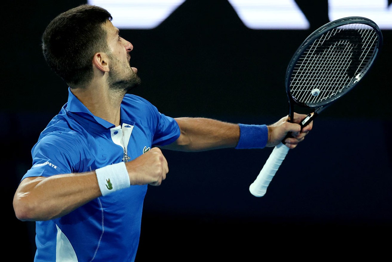 Novak Djokovic roars after sealing victory against Australian Alexei Popyrin on Wednesday night. 