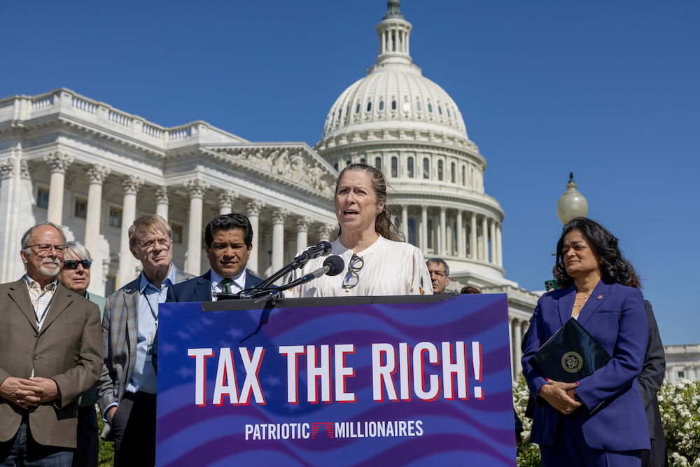 Abigail Disney, filmmaker and Patriotic Millionaire speaks during a press conference outside the US Capitol 