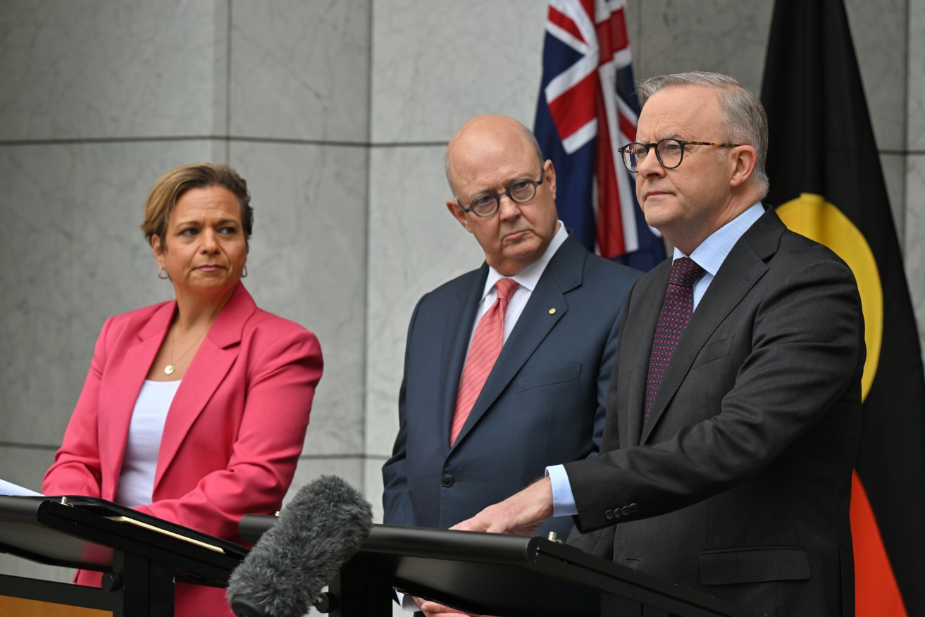 The appointment of Williams (centre) was announced by Anthony Albanese and Michelle Rowland on Wednesday morning.