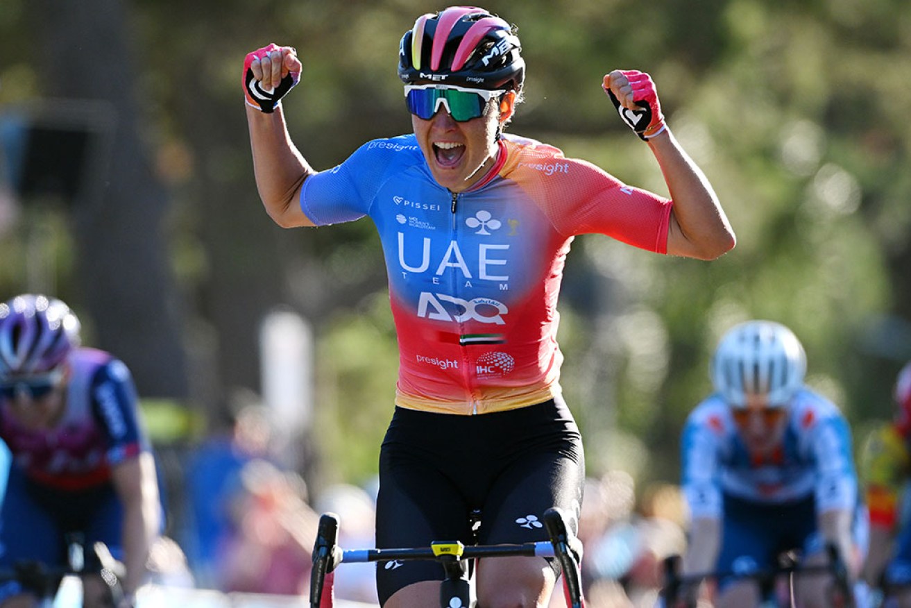 Sofia Bertizzolo of UAE Team ADQ celebrates at the finish of the first Geelong Classic on Wednesday.