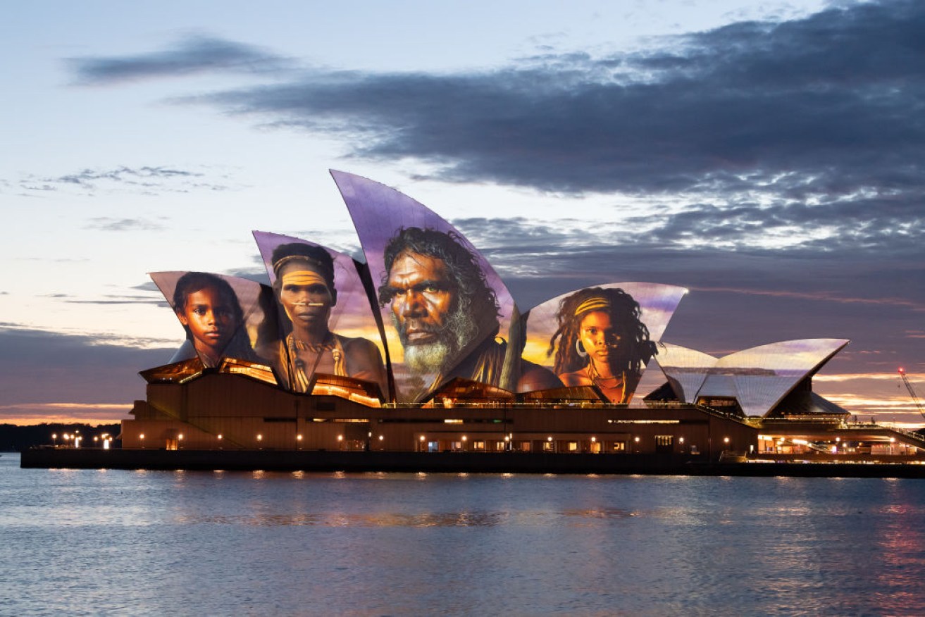 The sails of the Sydney Opera House are illuminated by a projection of Indigenous artwork by Indigenous artist Brett Leavy on January 26, 2024. 