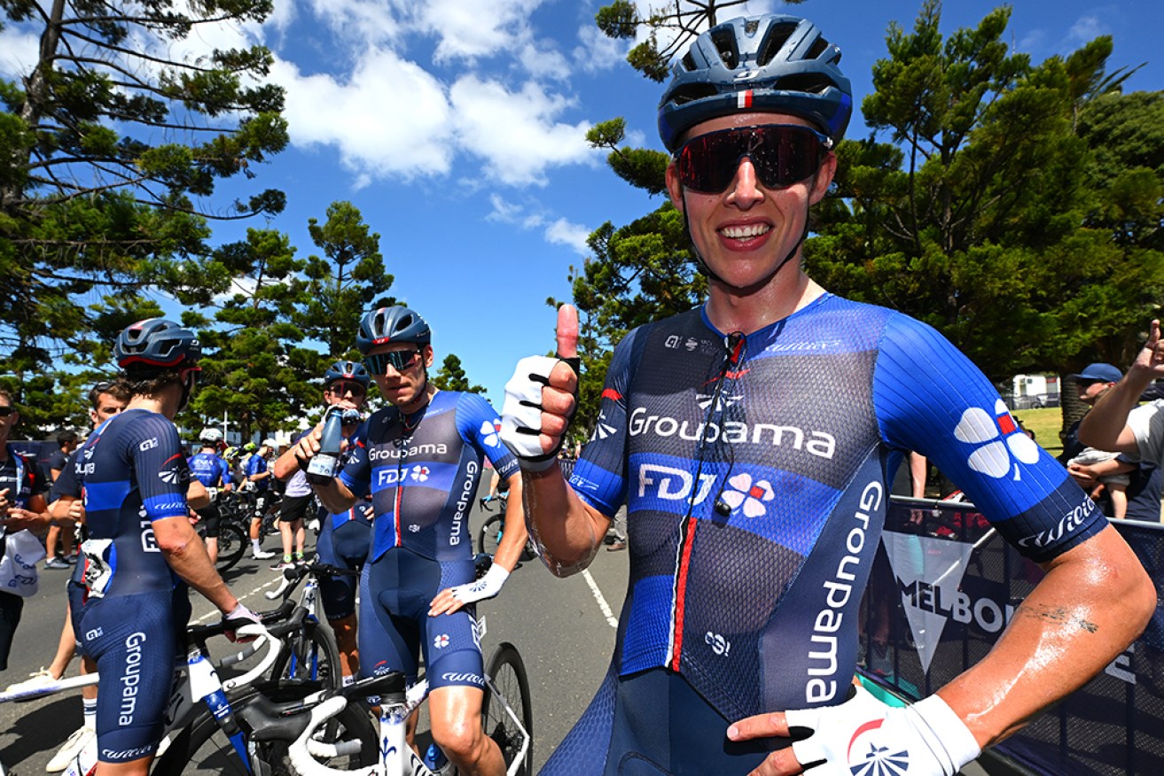 Laurence Pithie was all smiles with his Groupama-FDJ teammates after the eighth Cadel Evans Great Ocean Road Race on Sunday. 