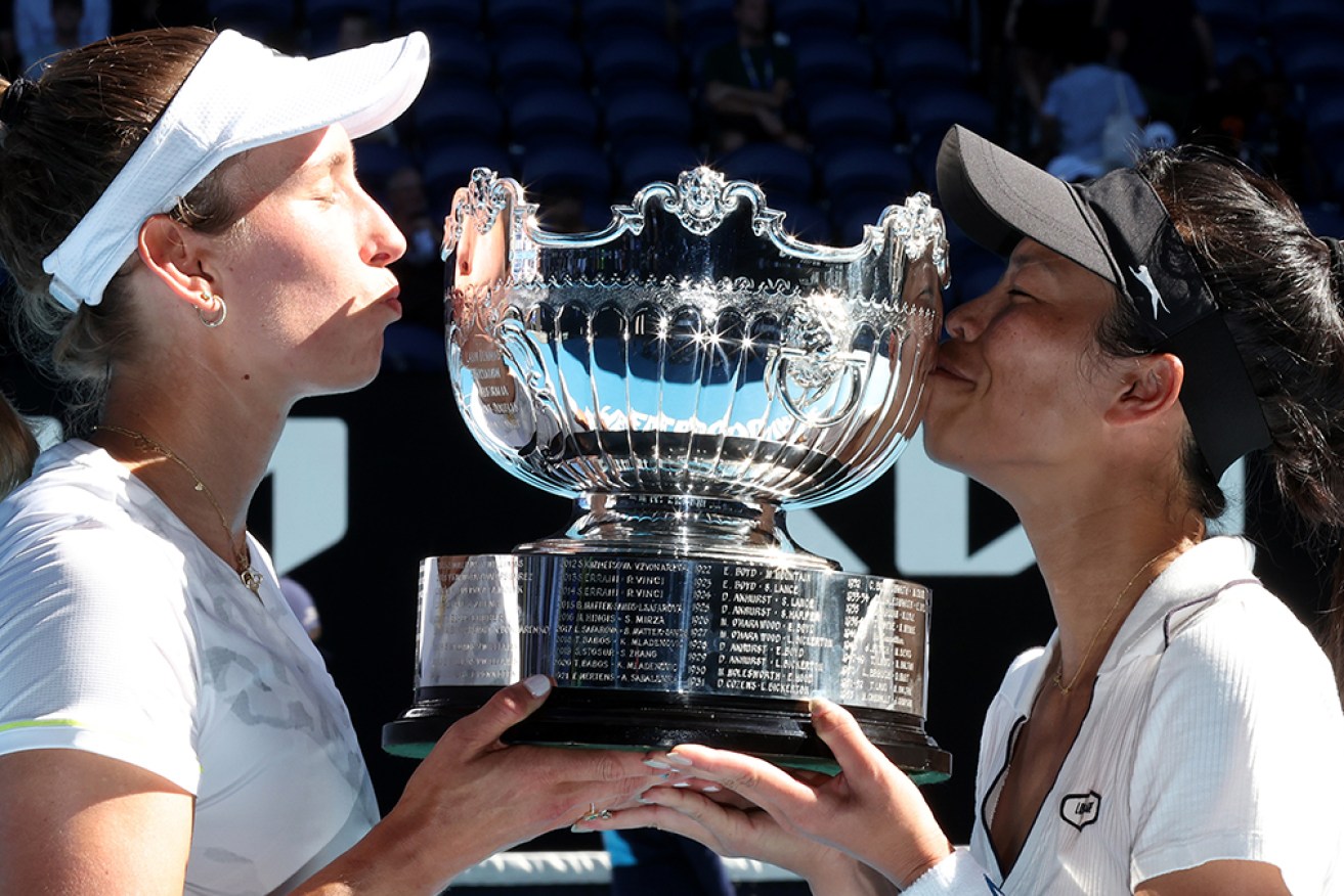 Hsieh Su-Wei and Elise Mertens on Sunday  after winning the women’s doubles final. 