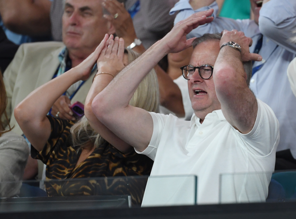 Australian Prime Minister, Anthony Albanese reacts during the Men's Singles Final match between Jannik Sinner of Italy and Daniil Medvedev during the 2024 Australian Open at Melbourne Park on January 28, 2024 in Melbourne, Australia.
