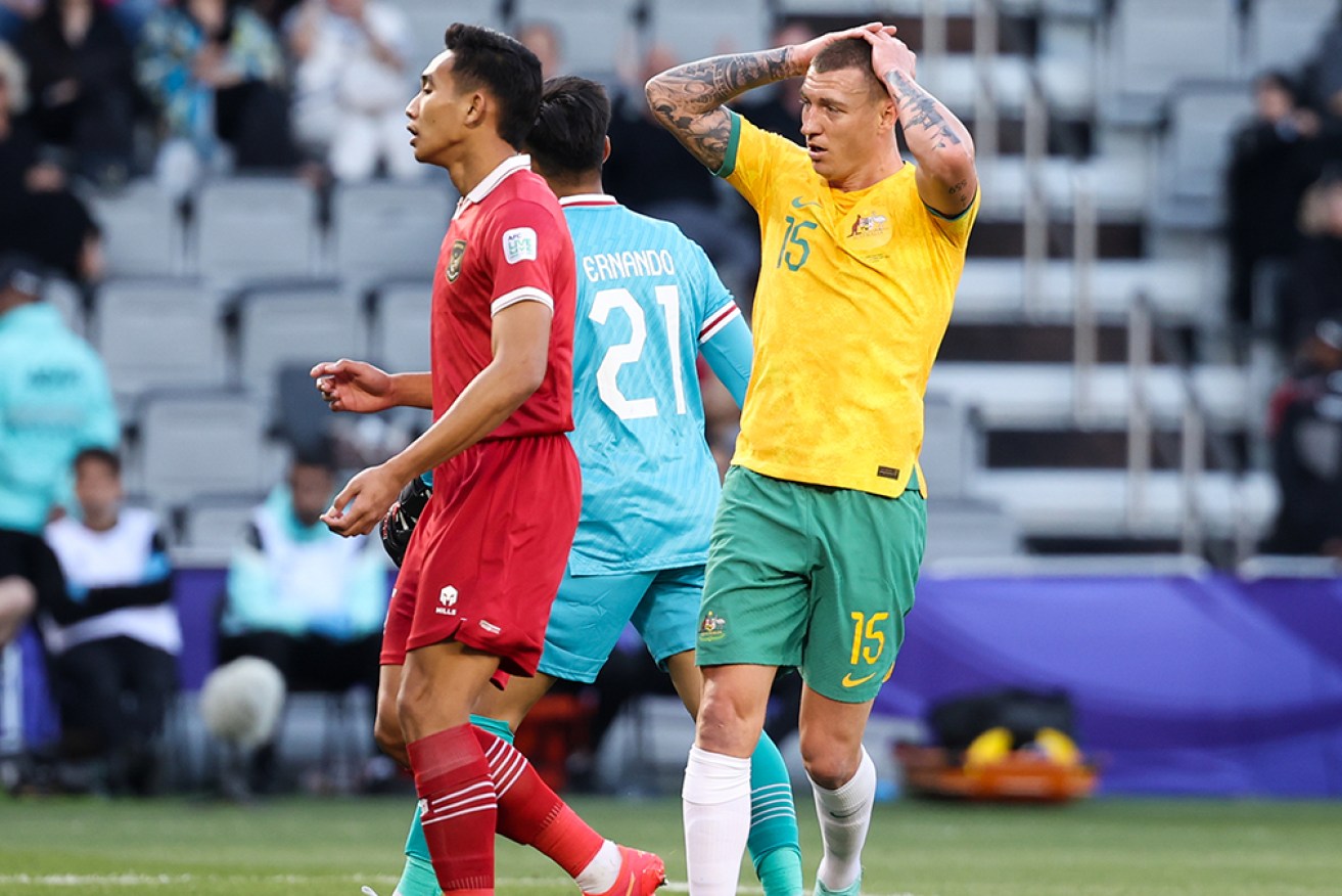 Socceroos striker Mitchell Duke rues a missed chance against Indonesia on Sunday night.  