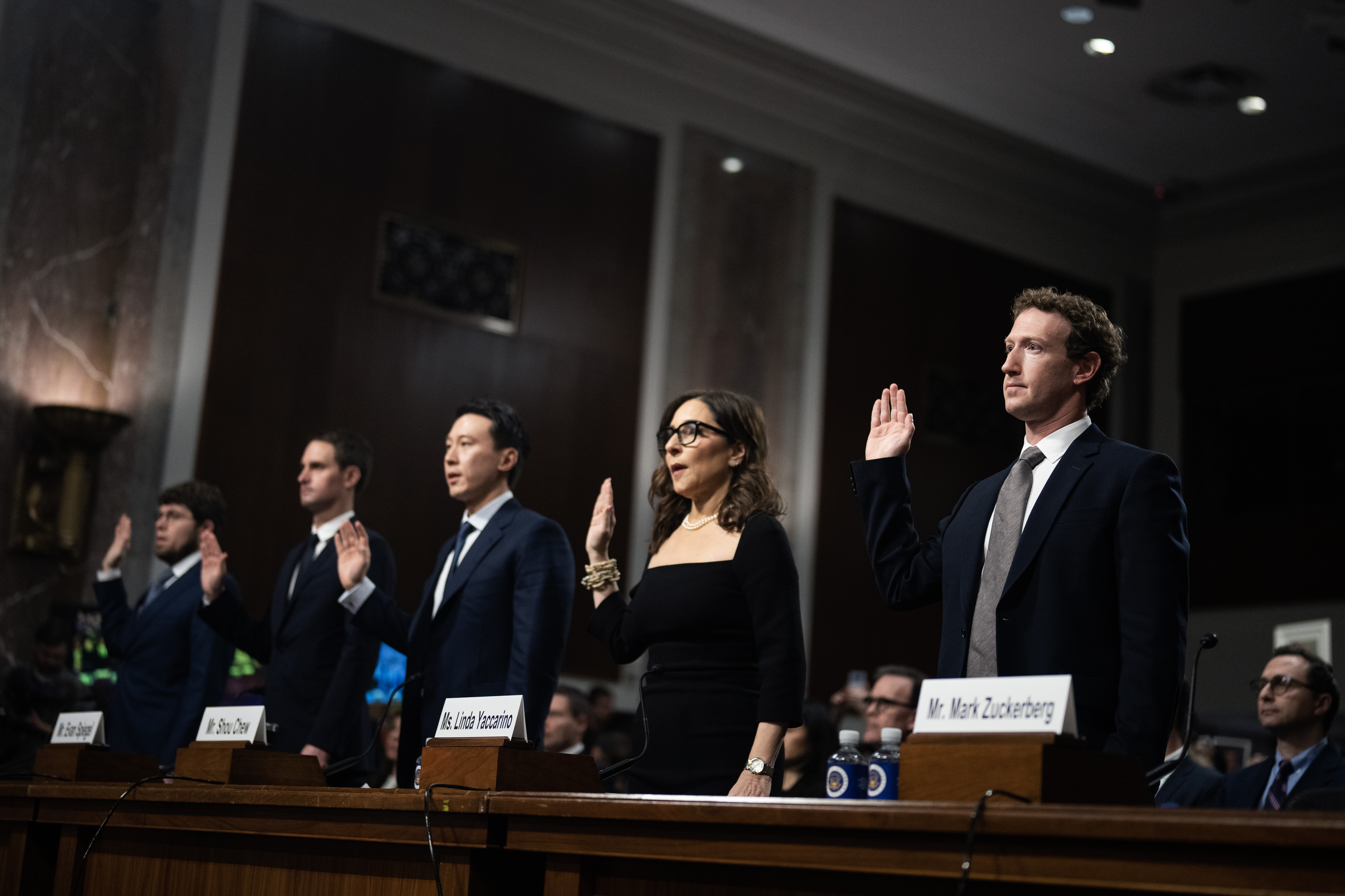 From right, Mark Zuckerberg, CEO of Meta, Linda Yaccarino, CEO of X Corp., Shou Chew, CEO of TikTok, Evan Spiegel, CEO of Snap, and Jason Citron, CEO of Discord, are sworn in to the Senate Judiciary Committee hearing titled "Big Tech and the Online Child Sexual Exploitation Crisis," in Dirksen building on Wednesday, January 31