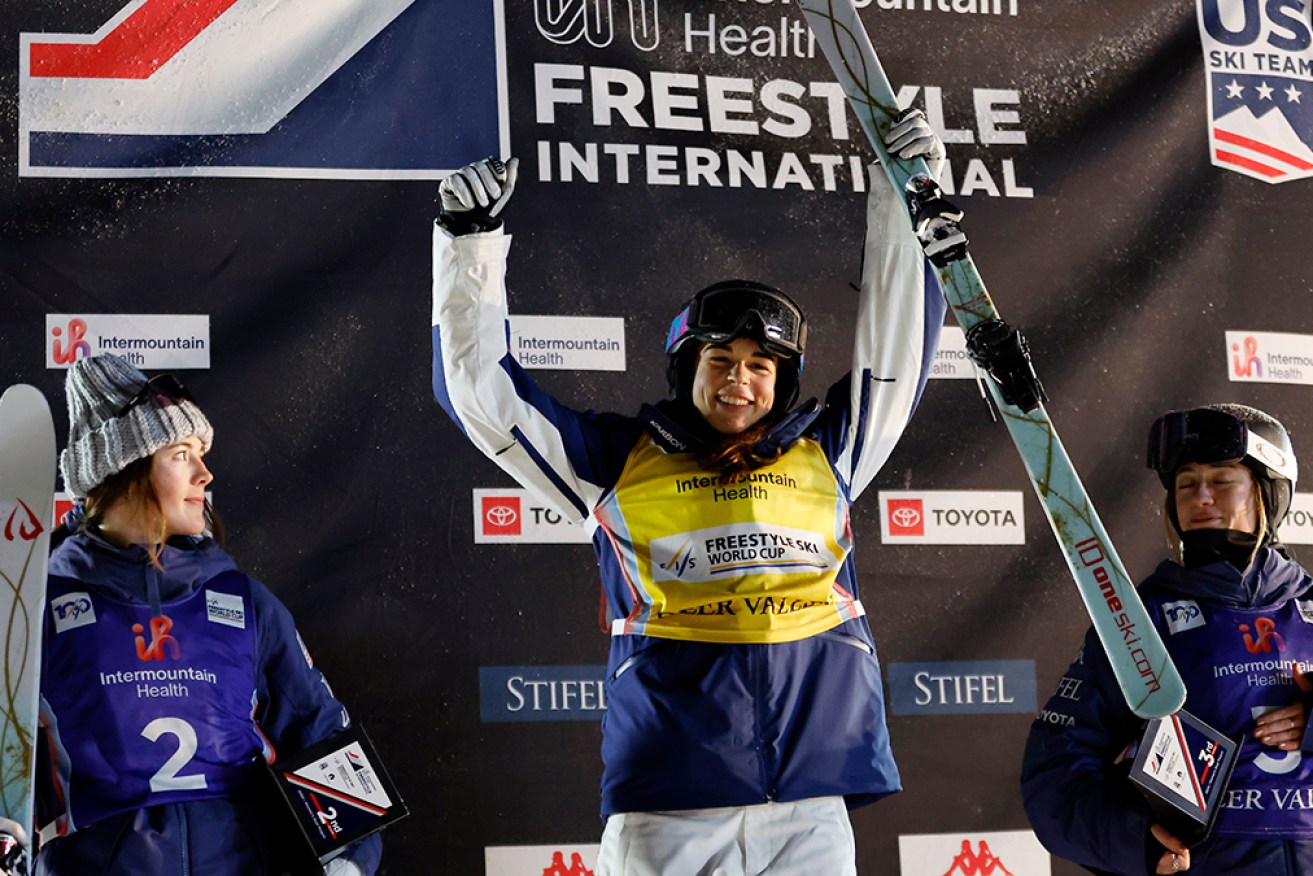 Moguls queen Jakara Anthony celebrates winning the overall World Cup title. 