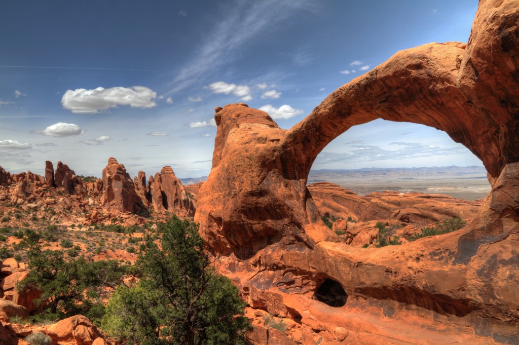 Afternoon in the Devil's Garden on the north end of Arches National Park near Moab, Utah. This is Double O Arch with a big window of rock.