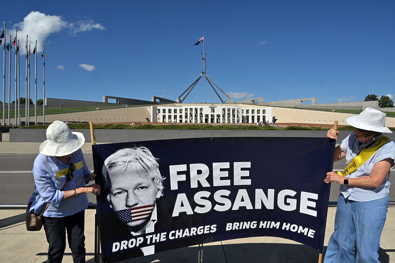 Protesters rallied outside Parliament House this week in support of Julian Assange.
