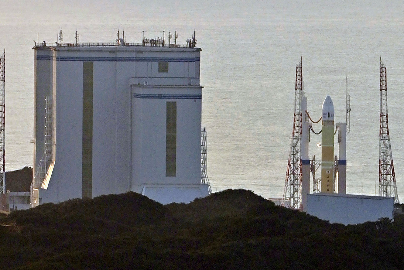 H3 rocket sits at launch pad to wait for a lift-off at Tanegashima Space Center in southern Japan.