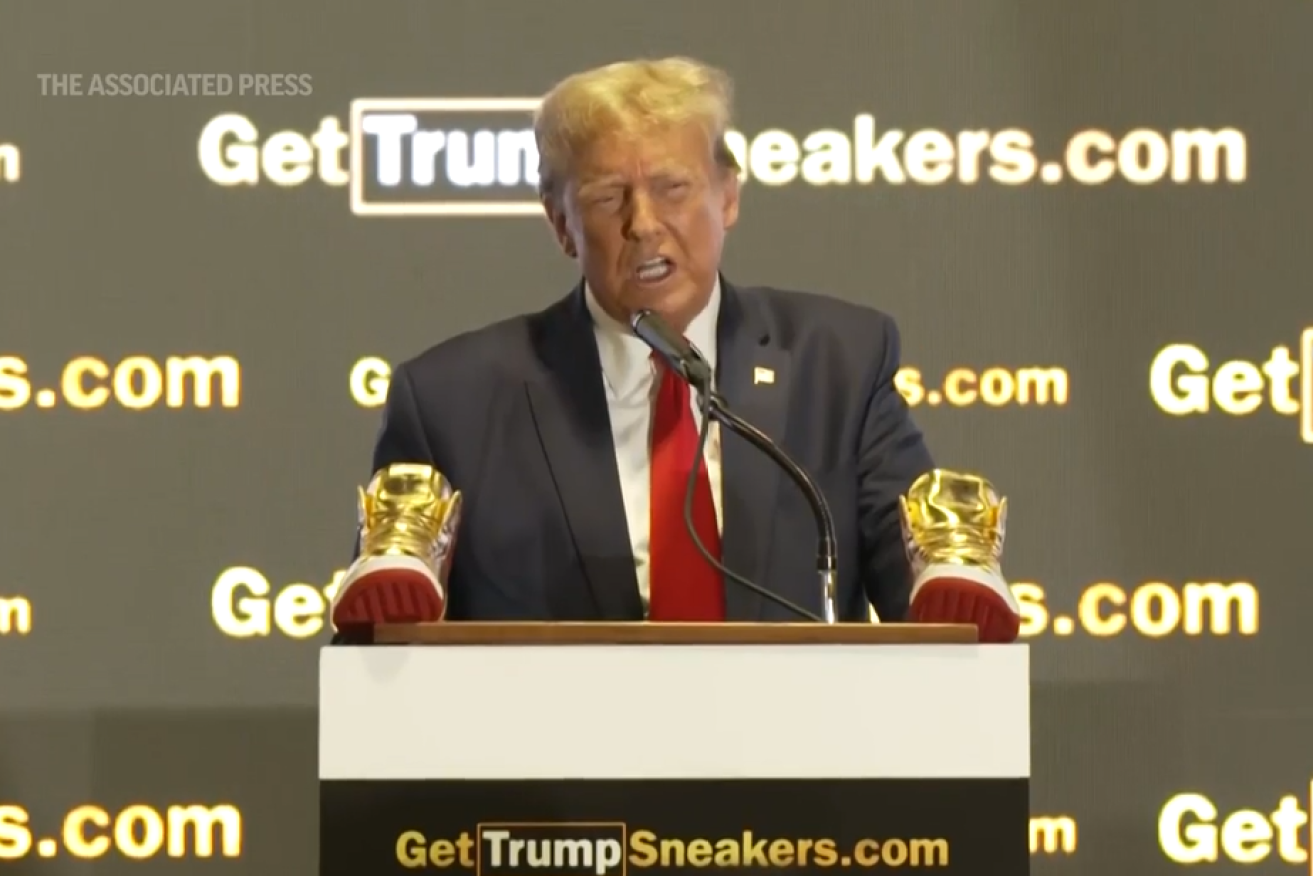 Trump spruiks his $600 sneaker line to a mixed reception in Philadelphia.