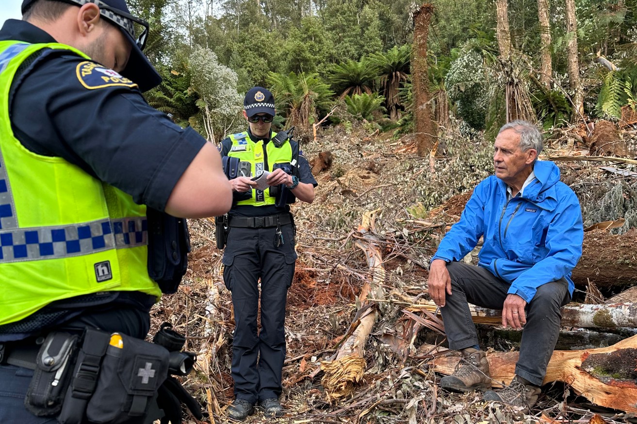 Bob Brown is one of three people arrested over an overnight protest against logging in Tasmania.