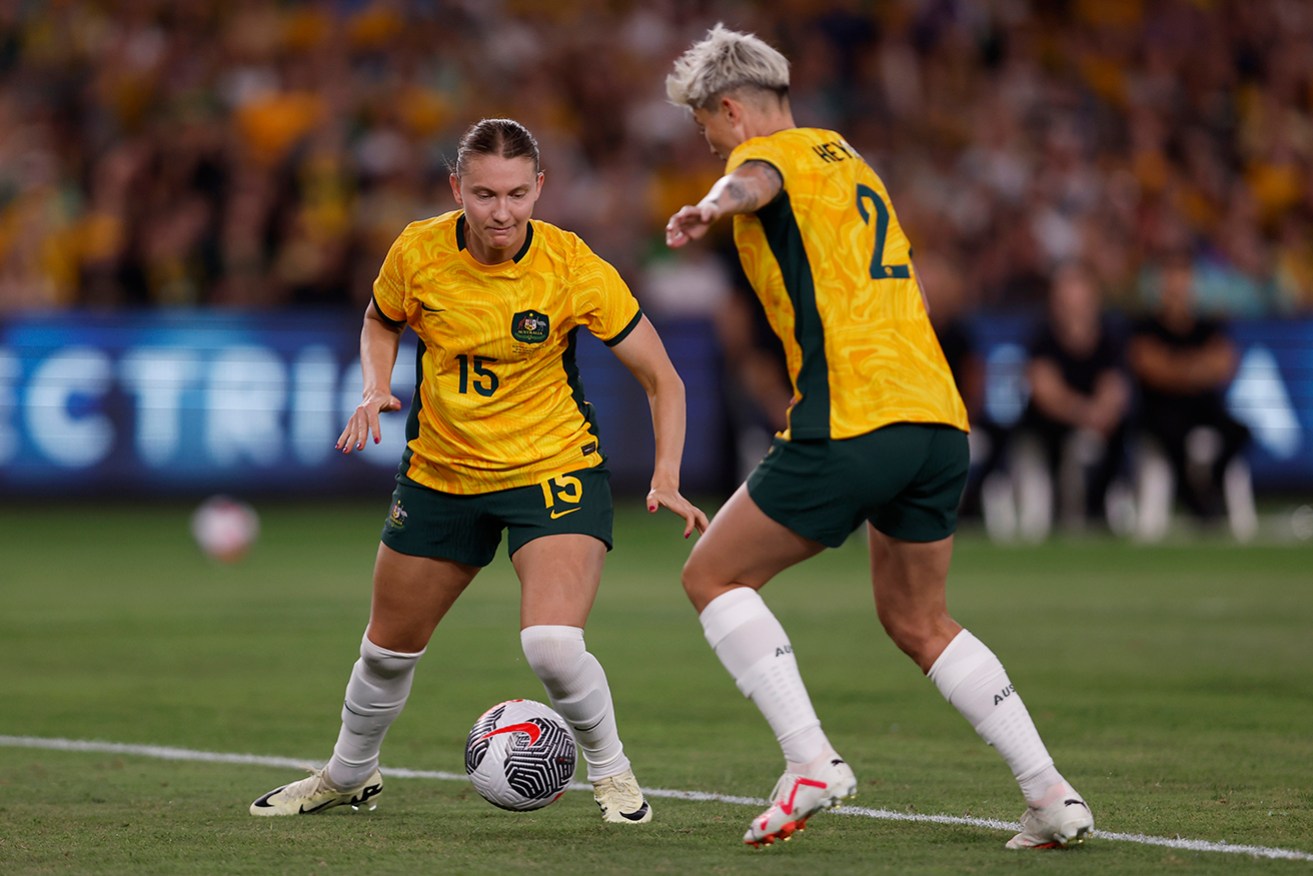 Four-goal star Michelle Heyman prepares to shoot in Wednesday night’s Matildas win against Uzbekistan. 