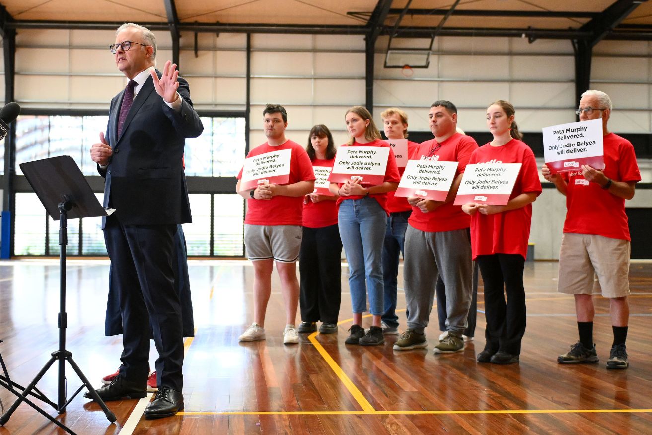 Prime Minister Anthony Albanese speaks in Dunkley on Friday morning. 