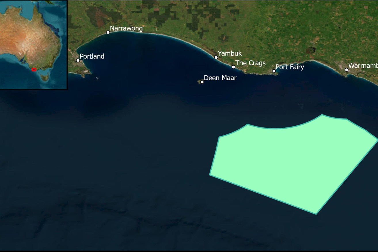 The offshore wind zone area in the Southern Ocean off western Victoria.