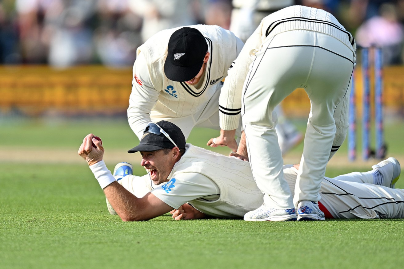 Tim Southee enjoys his catch that dismissed Usman Khawaja on Sunday in Christchurch. 