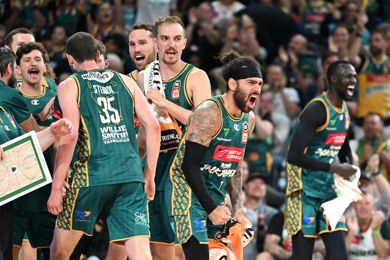 JackJumpers star Jordon Crawford fires up the crowd in game two of the NBL semi-final series at MyState Bank Arena in Hobart on Monday night.