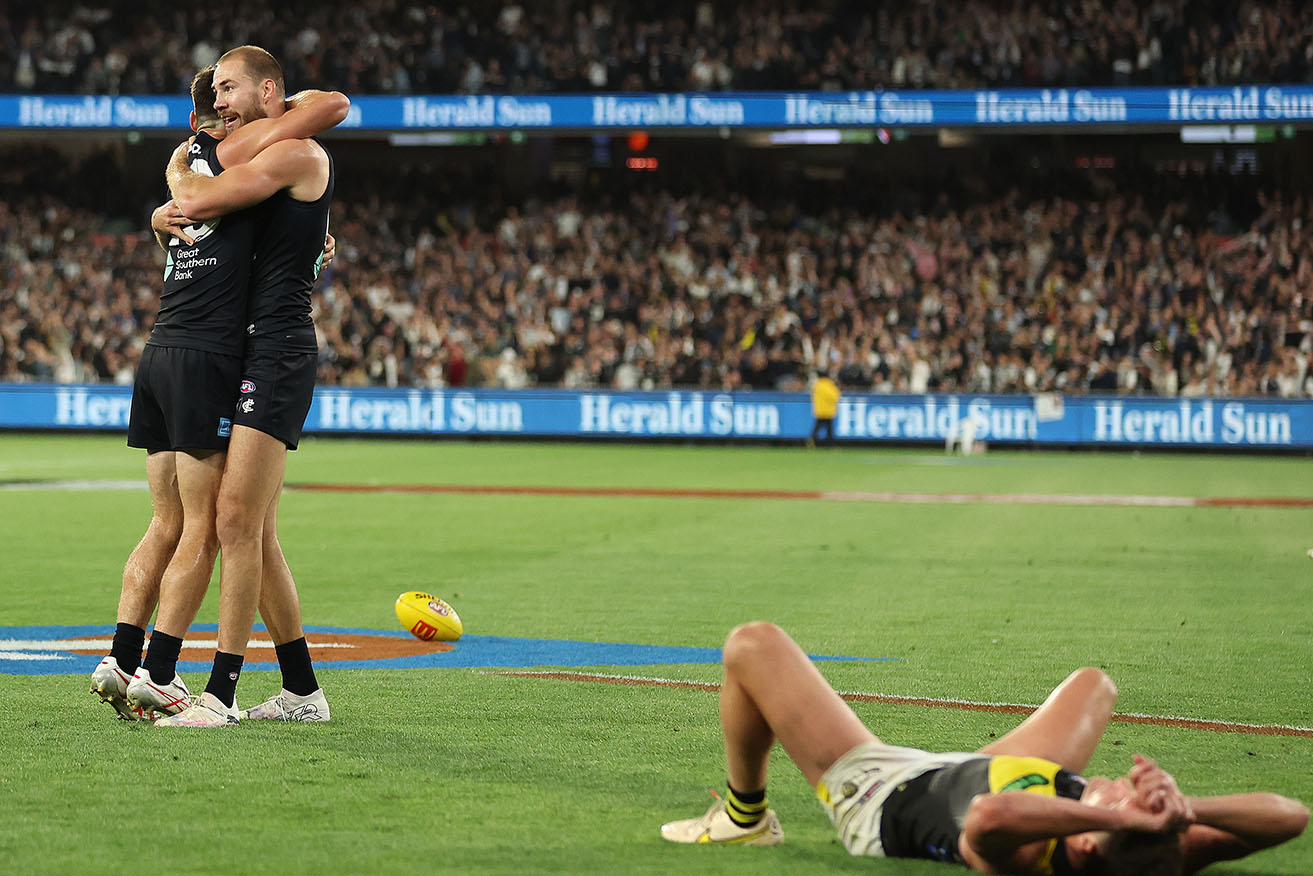 Carlton’s Harry McKay and George Hewett celebrate after the Blues defeated Richmond on Thursday night.  