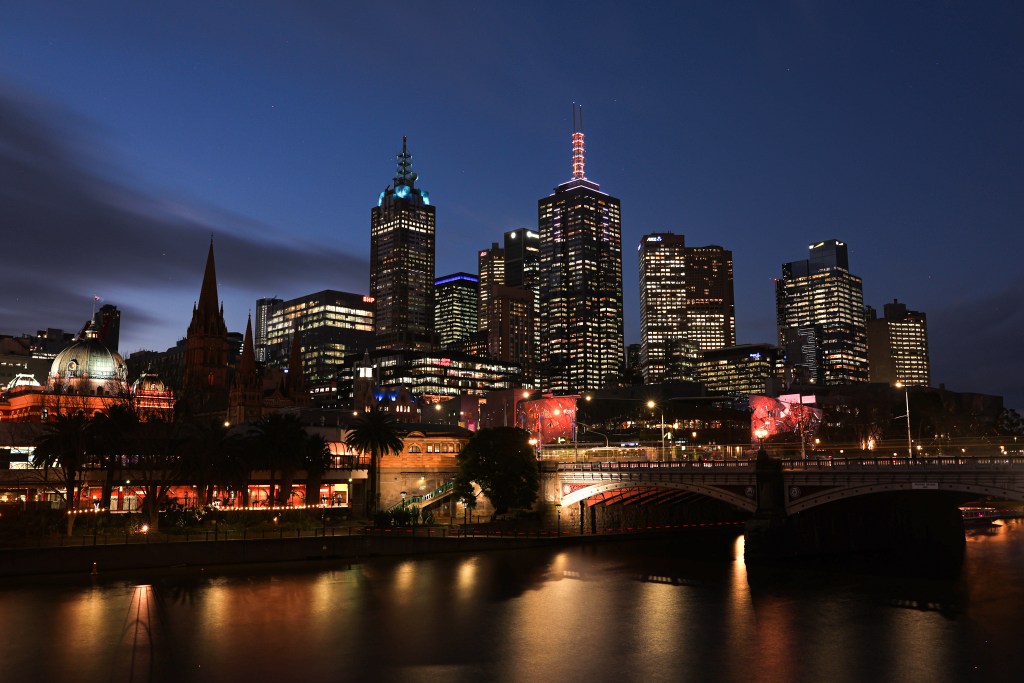 A general view of the as the sun sets over The Melbourne Skyline next to The Yarra River 