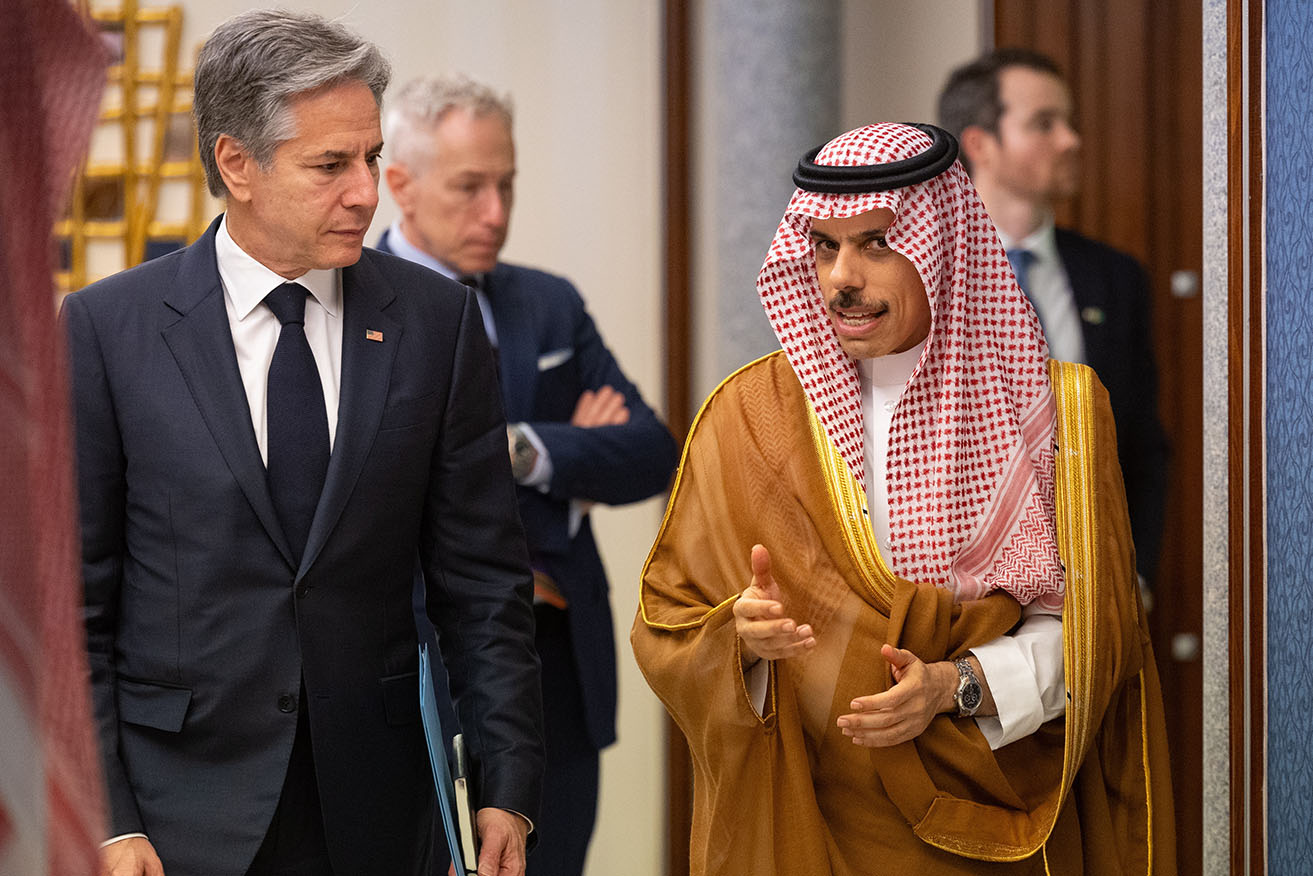 US Secretary of State Antony Blinken 
chats to Saudi Foreign Minister Prince Faisal bin Farhan bin Abdullah in Jeddah on Wednesday.  