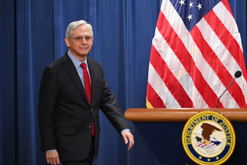 US Attorney General Merrick Garland arrives to announce an antitrust lawsuit against Apple