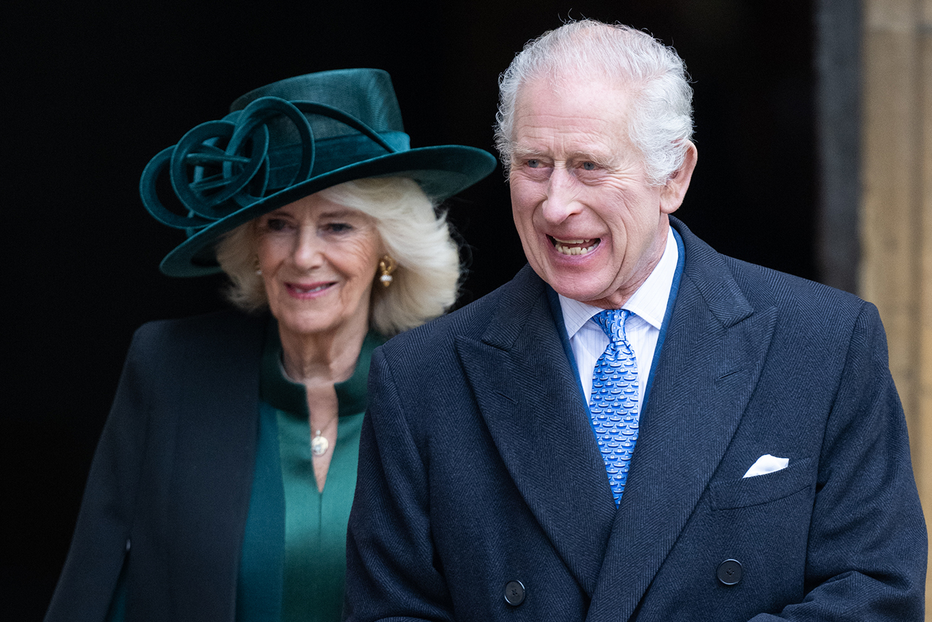 Queen Camilla and King Charles III attend the Easter Service at Windsor Castle on Sunday.  