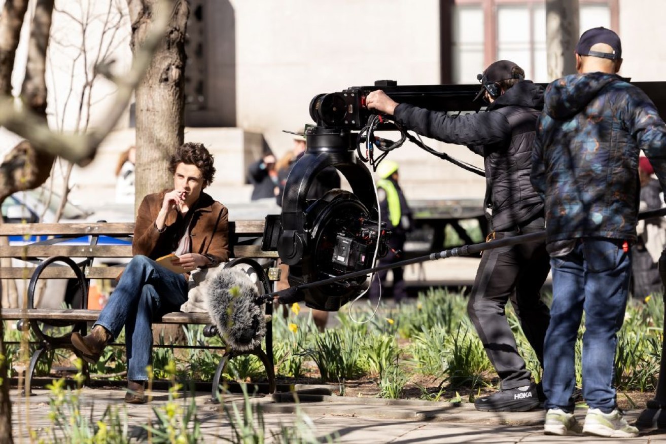 Oscar worthy? Timothee Chalamet on the set of the Bob Dylan biopic in New York.