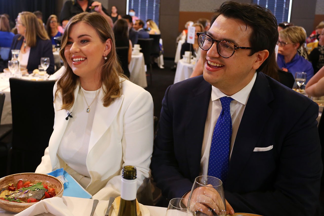 Brittany Higgins and partner David Sharaz, pictured in February 20222, are being sued for defamation by Linda Reynolds.