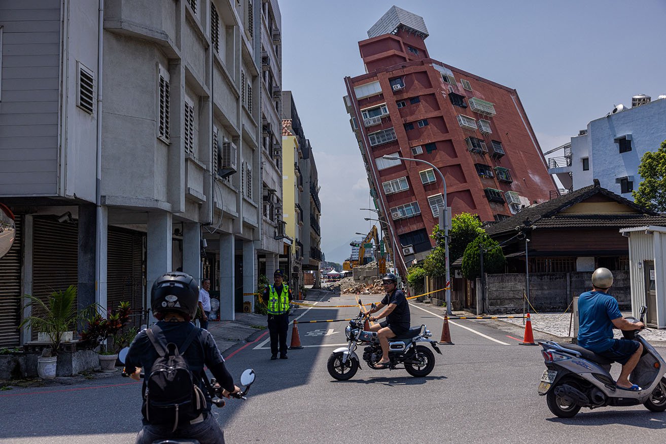 Some buildings are tilted at precarious angles in Hualien after a magnitude 7.2 earthquake. 