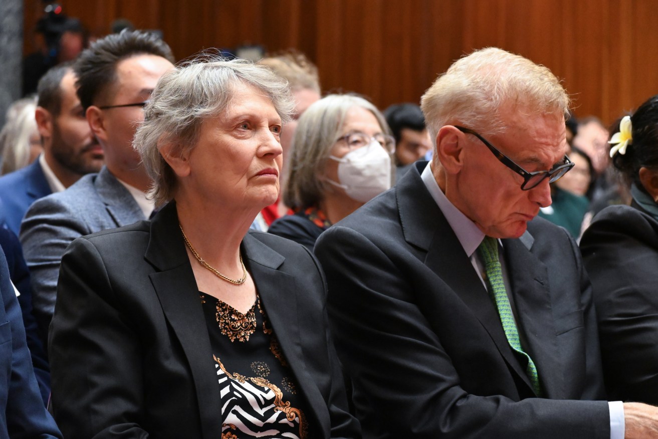 Bob Carr at the Wellington forum with former NZ prime minister Helen Clark.