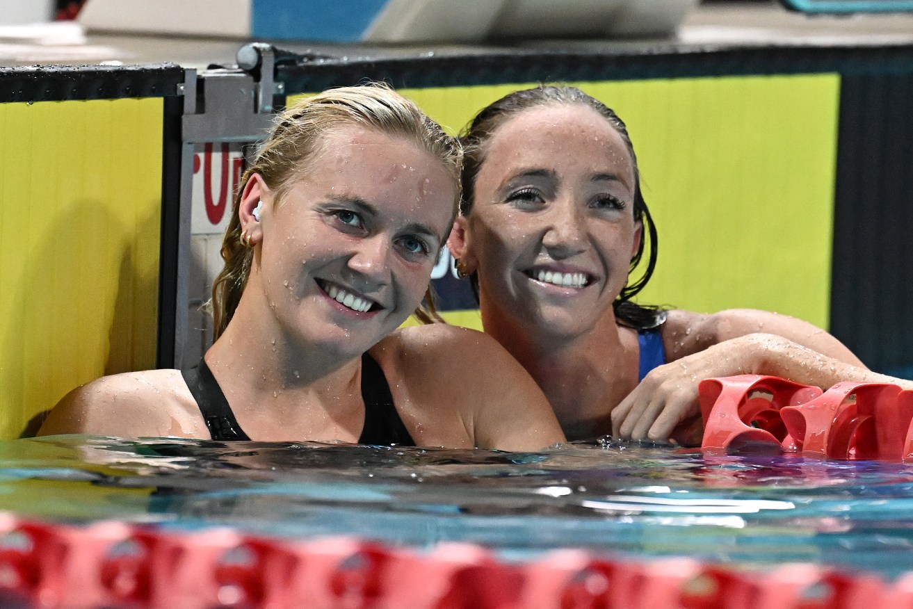 Ariarne Titmus (left) and Lani Pallister react after placing first and second respectively in the Women’s 400m freestyle final during the 2024 Australian Open Swimming Championships at the Gold Coast Aquatic Centre on the Gold Coast, April 19, 2024. 