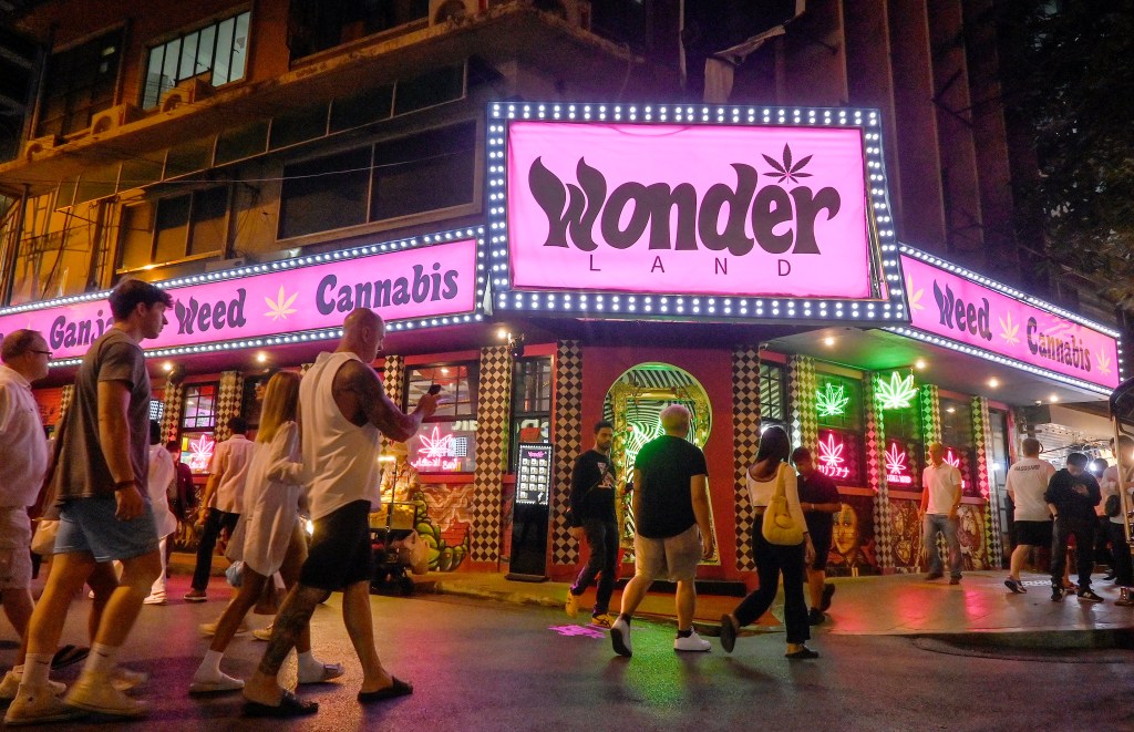 A view of the Wonderland marijuana outlet on Bangkok's Sukhumvit road. In the metropolitan area of Bangkok 1995 marijuana dispensaries/shops, have opened, and in downtown Bangkok 533 have opened since June 9, 2022. The Kingdom of Thailand is the first nation in Asia to decriminalize marijuana for medical and personal use. On June 9, 2022, marihuana was removed from the category of narcotic drugs making it legal to sell and buy the herb.