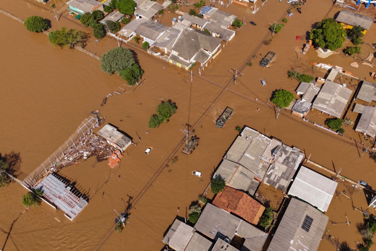 Aerial view of floods in Eldorado do Sul, Rio Grande do Sul state.