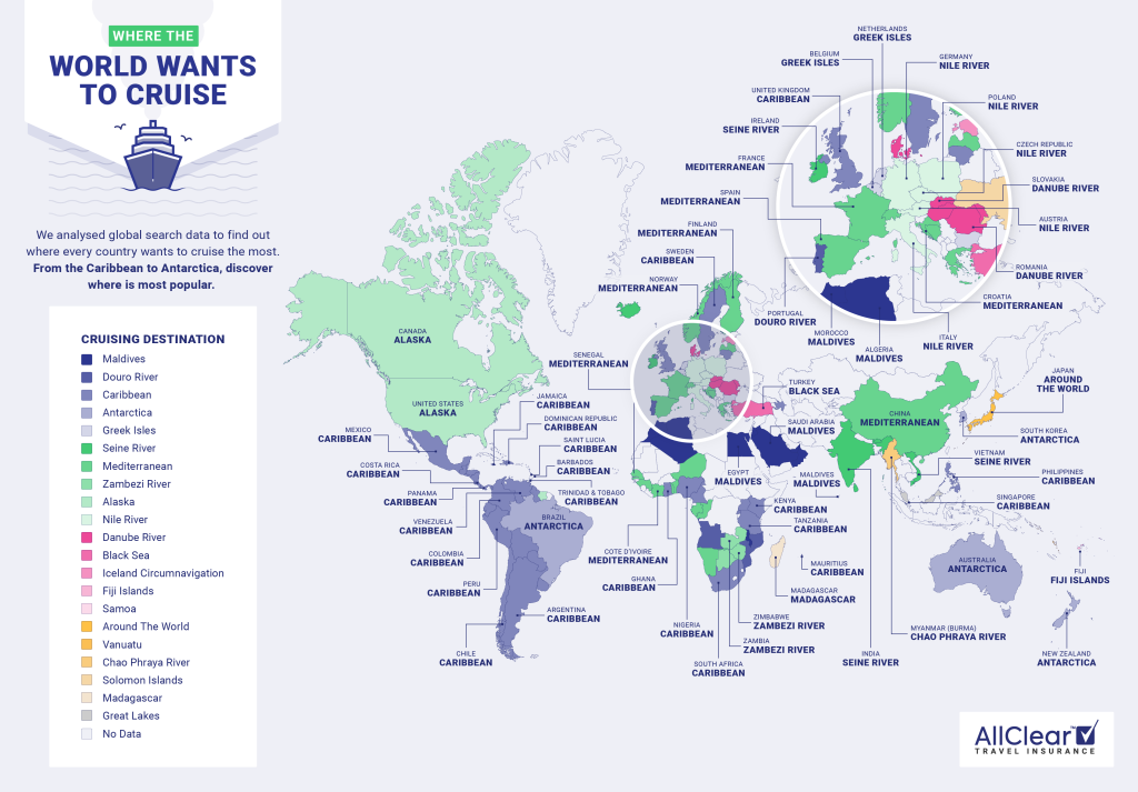 pictured is a graphic depicting the most popular cruise destinations by country.