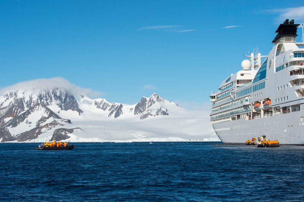 pictured is a cruise ship in Antartica