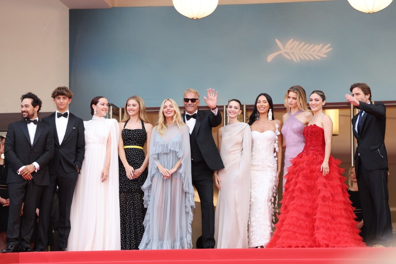 ) Alejandro Edda, Hayes Costner, Jena Malone, Georgia MacPhail, Sienna Miller, Kevin Costner, Ella Hunt, Wasé Chief, Abbey Lee Kershaw, Isabelle Fuhrman, guest and Luke Wilson attend the "Horizon: An American Saga" Red Carpet