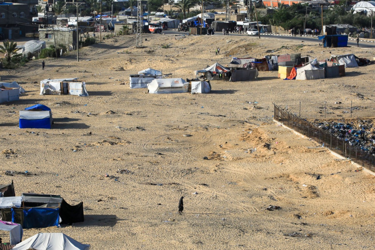 Makeshift shelters at a camp for displaced Palestinians in Rafah.