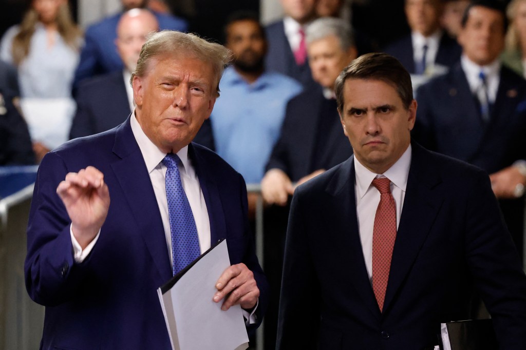 Former US President and Republican presidential candidate Donald Trump speaks to the press at the conclusion of the day's proceedings in his criminal trial at Manhattan Criminal Court in New York City