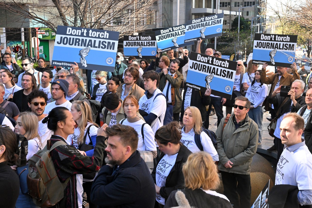 Journalists outside Nine's Sydney offices, as their five-day strike began on Friday.