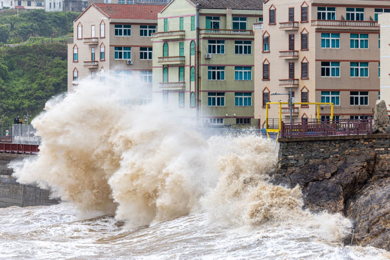Big waves, caused by typhoon Gaemi, surge in Wenling, China.
