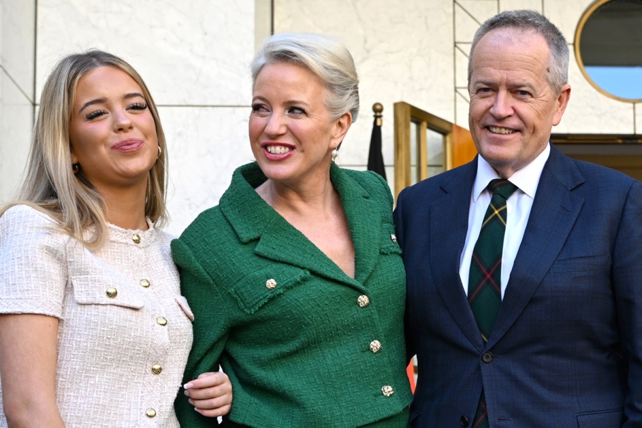 Bill and Chloe Shorten, with daughter Clementine, after Thursday's surprise announcement.