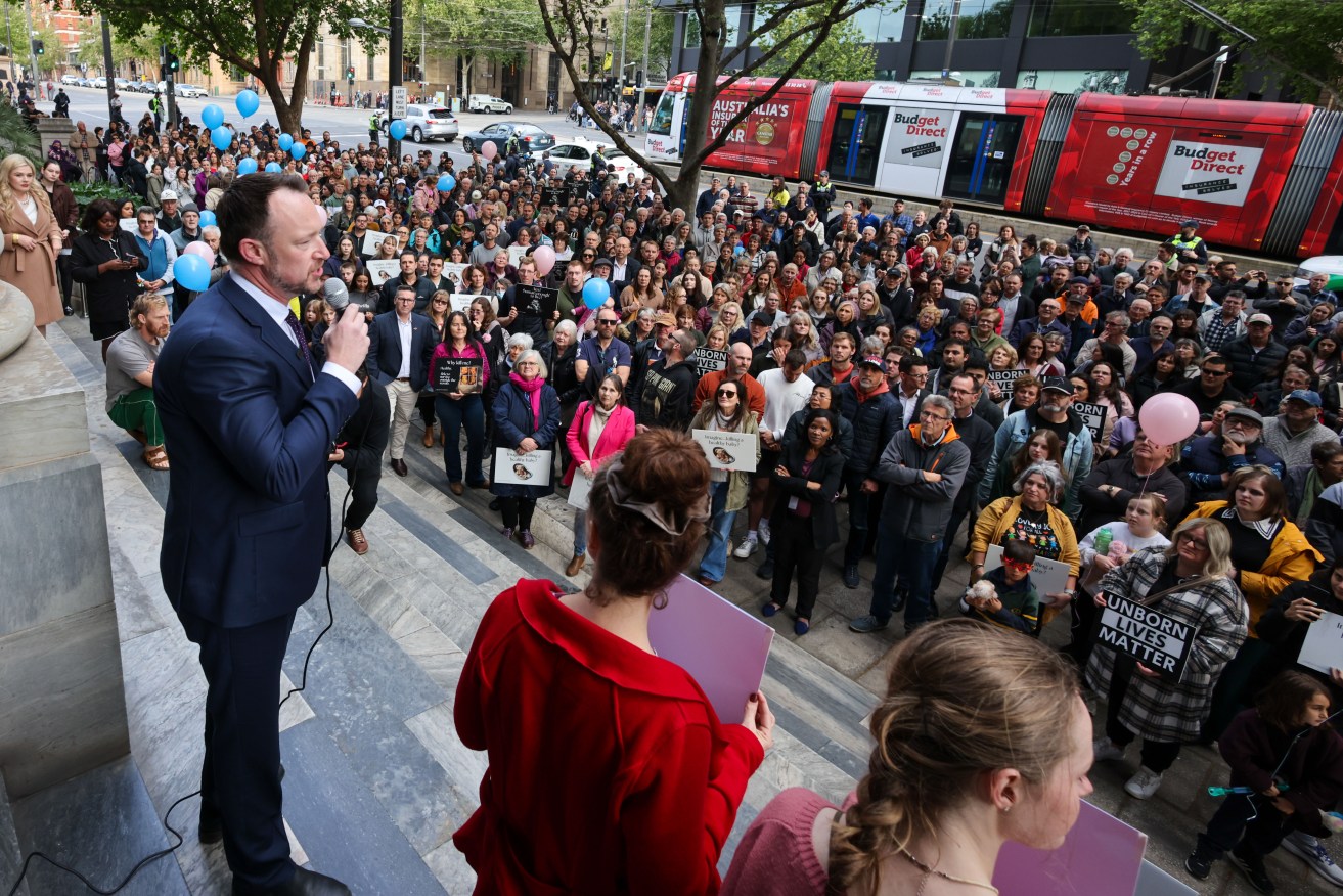 SA upper house member Ben Hood speaks to about 2000 supporters gathered outside Parliament House in Adelaide.