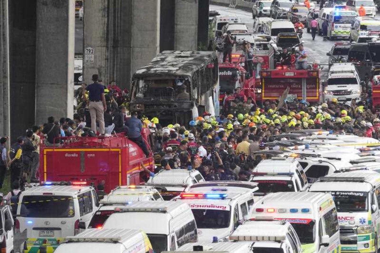 Dozens are feared dead after a bus carrying students and teachers caught fire in suburban Bangkok.