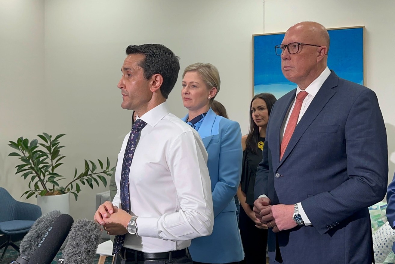 David Crisafulli (left) and Peter Dutton teamed up on the state election campaign trail on Friday.