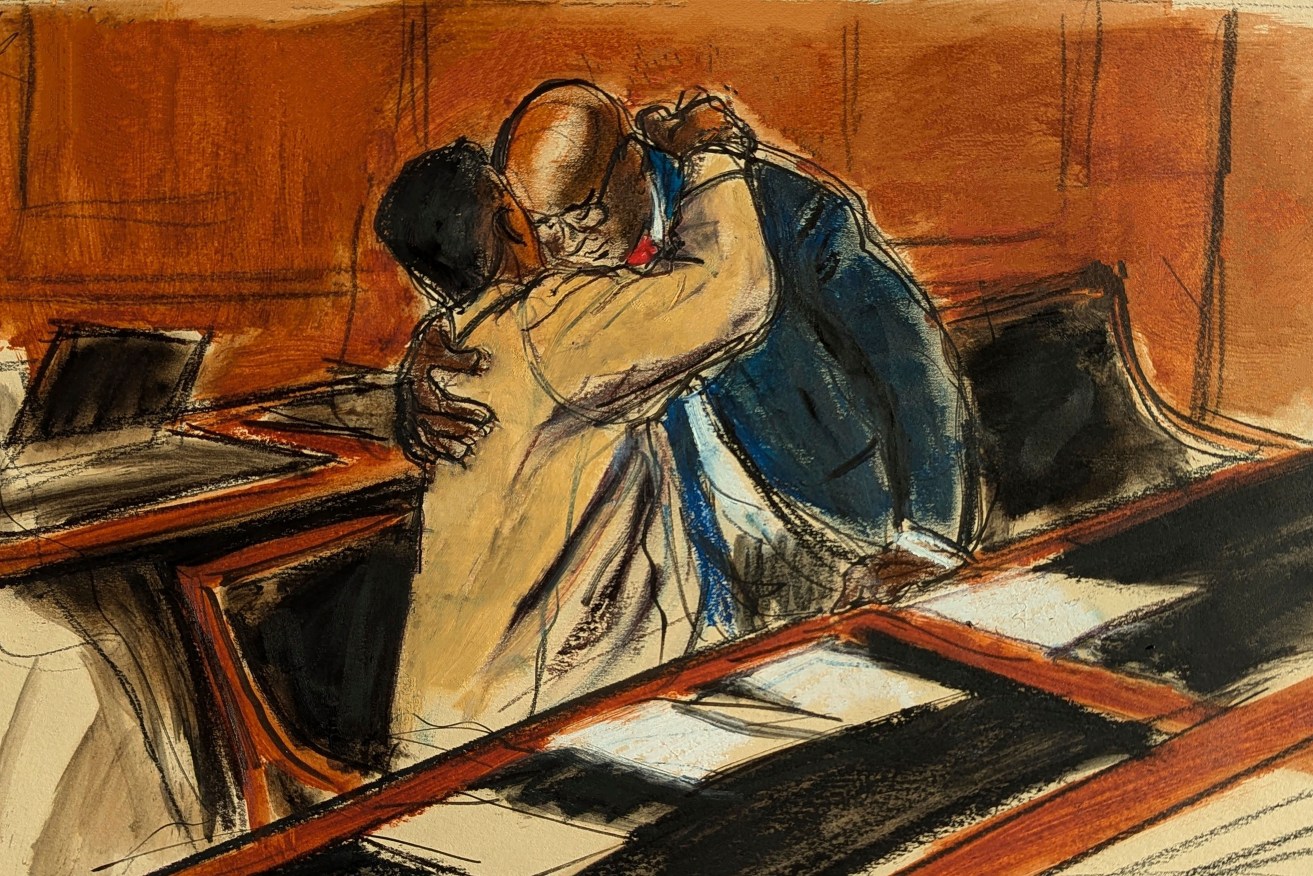 Courtroom sketch shows Sean "Diddy" Combs (left) hugging lawyer Anthony Ricco prior to Thursday's hearing.