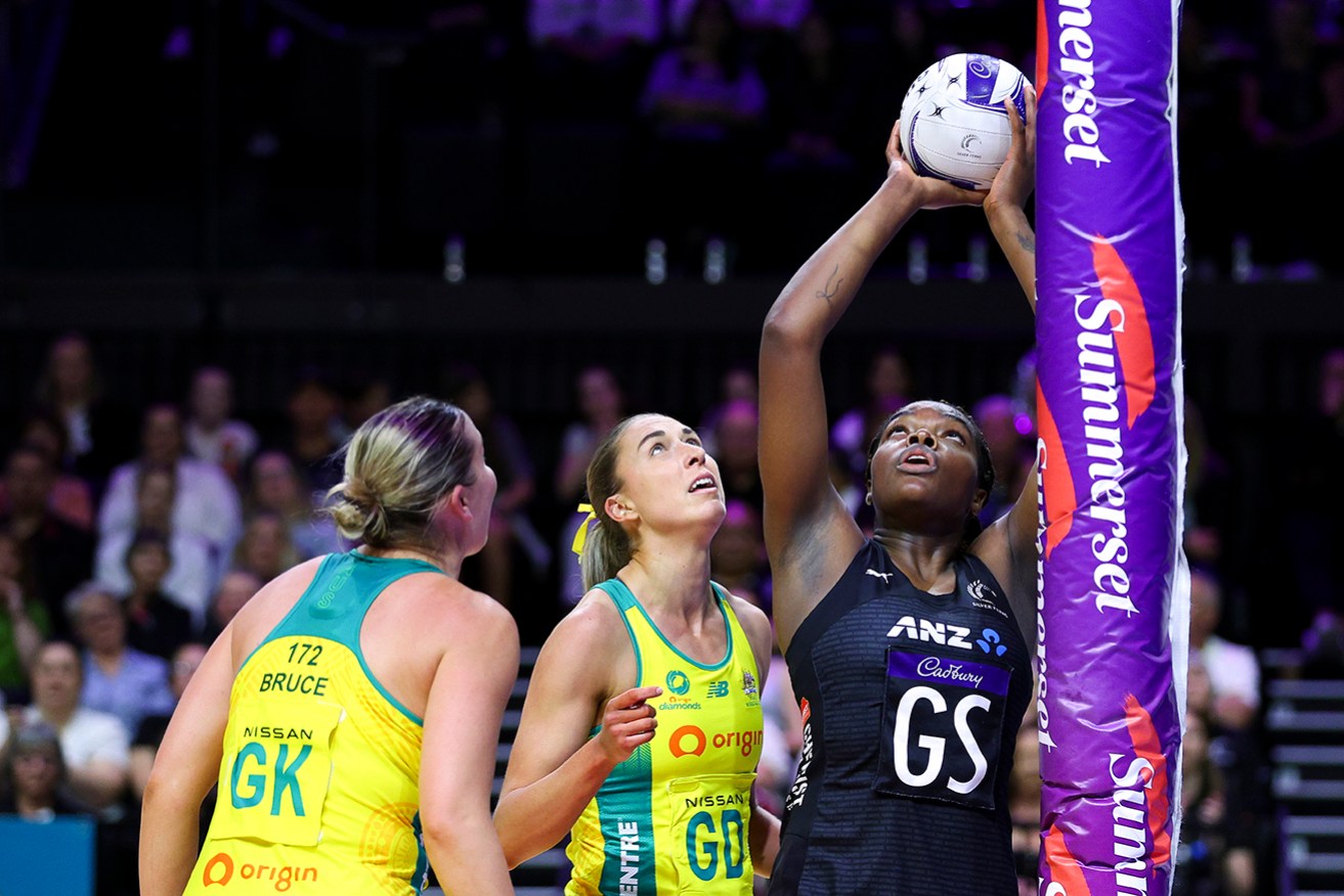 New Zealand’s Grace Nweke shoots her way to 50 goals from 53 attempts in Wellington on Sunday.