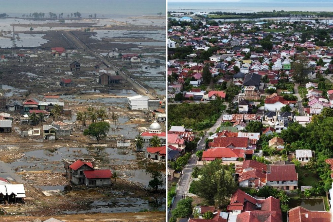 Banda Aceh, Indonesia, is pictured in the aftermath of the tsunami (left) and 20 years later (right).